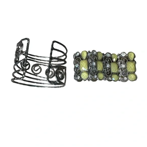Premier Jewelry Set Of Two Silver Bracelets Bead Stretch And Hammered Metal Cuff - Picture 4 of 5